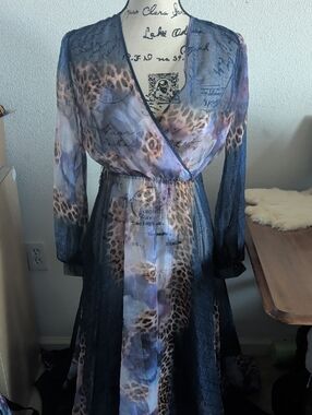Sheer Floral & Leopard Print Wrap Dress in Blue and Black
